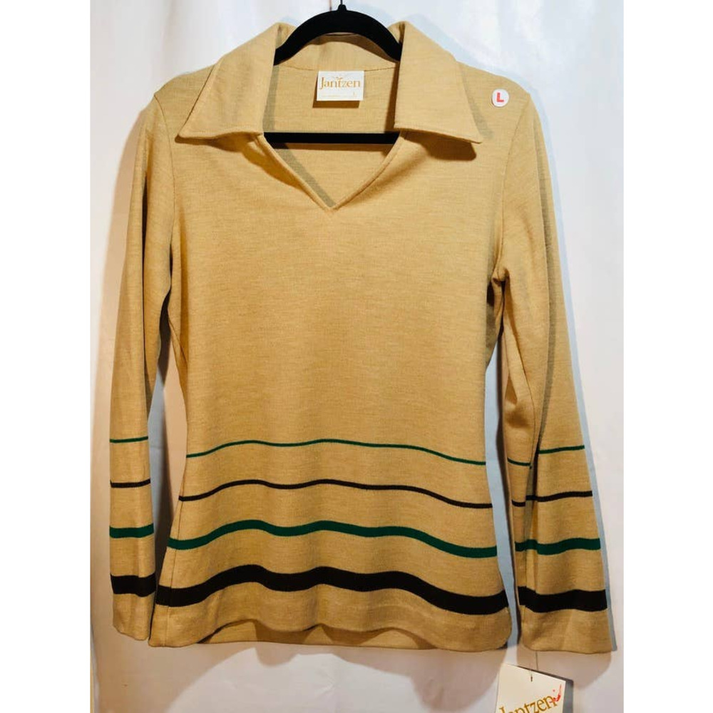 Jantzen RETRO NWT tan camel v-neck pullover sweater w/brown & green stripes